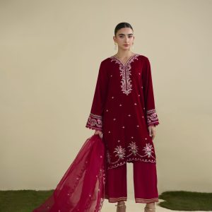 RED 3PCS EMBROIDERED KURTA WITH TROUSER / DUPATTA