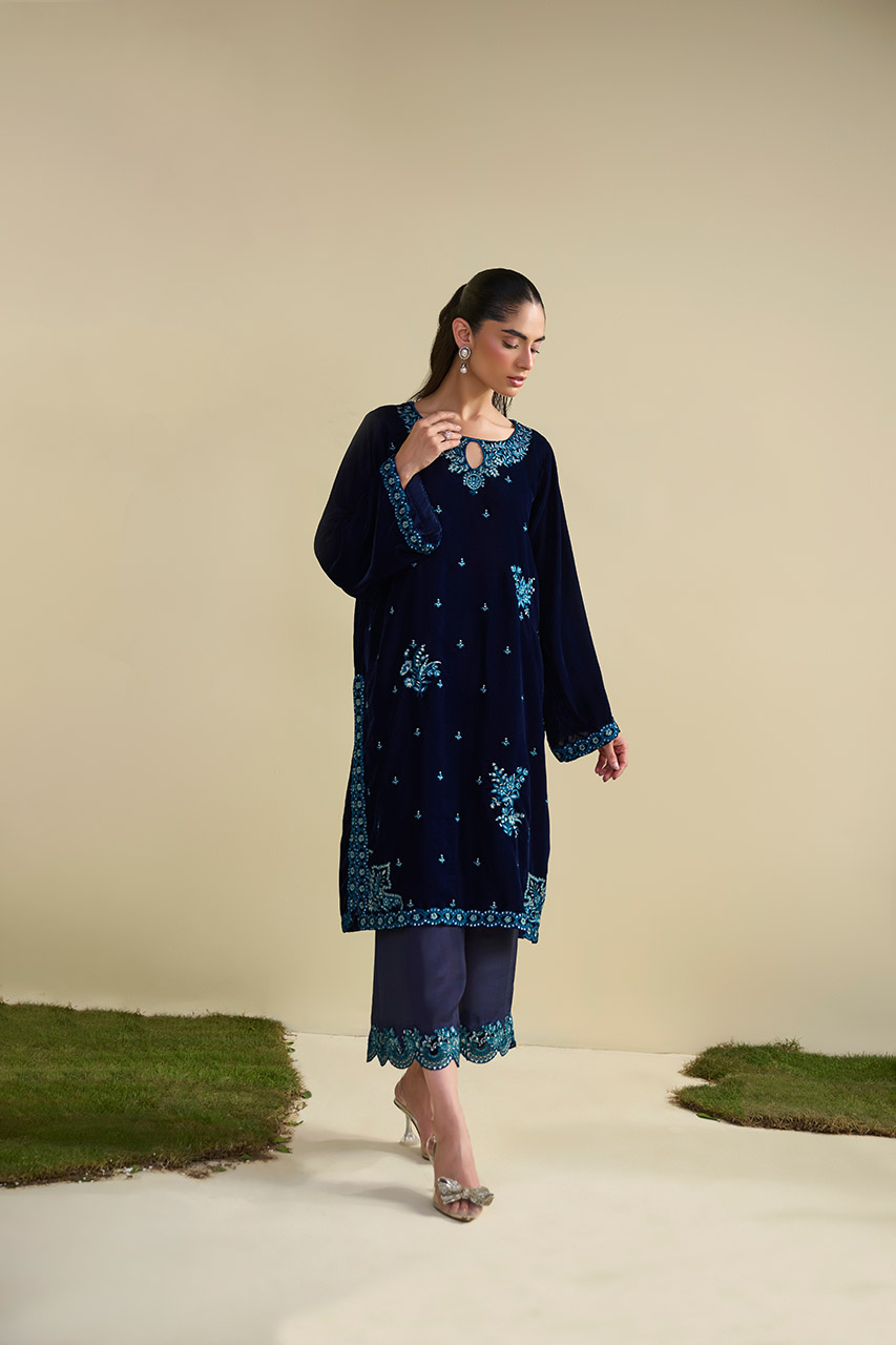 NAVY BLUE 2PCS EMBROIDERED KURTA WITH TROUSER