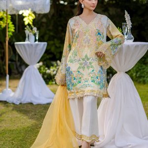 3PCS HAND EMBELLISHED YELLOW SILK