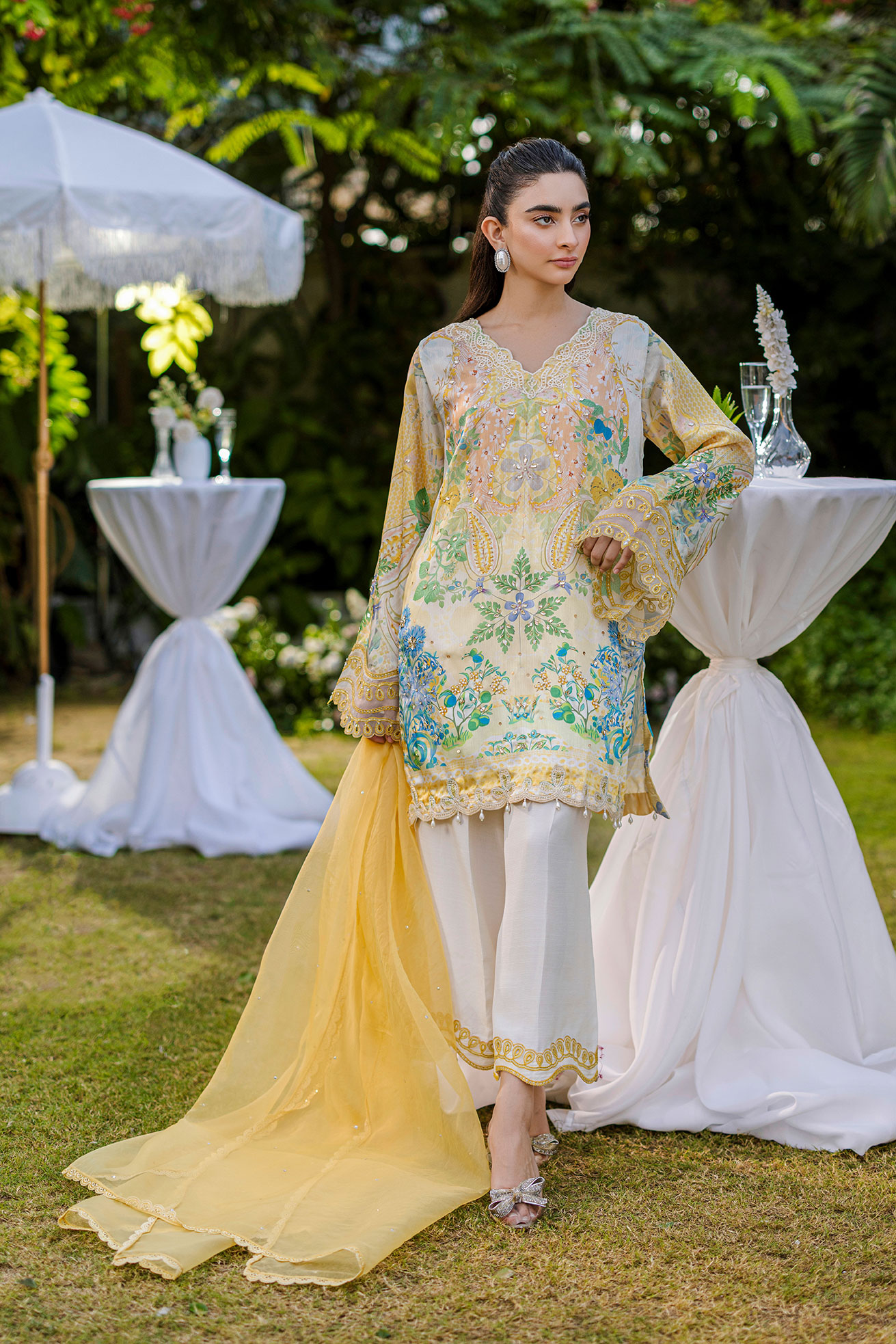 3PCS HAND EMBELLISHED YELLOW SILK